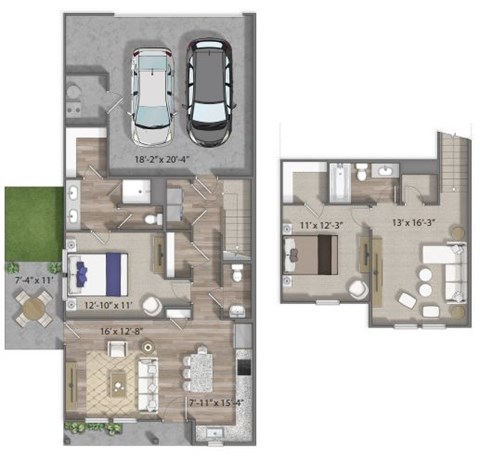 Floor plan for 2 beds, 2.5 baths, 1288 sqft